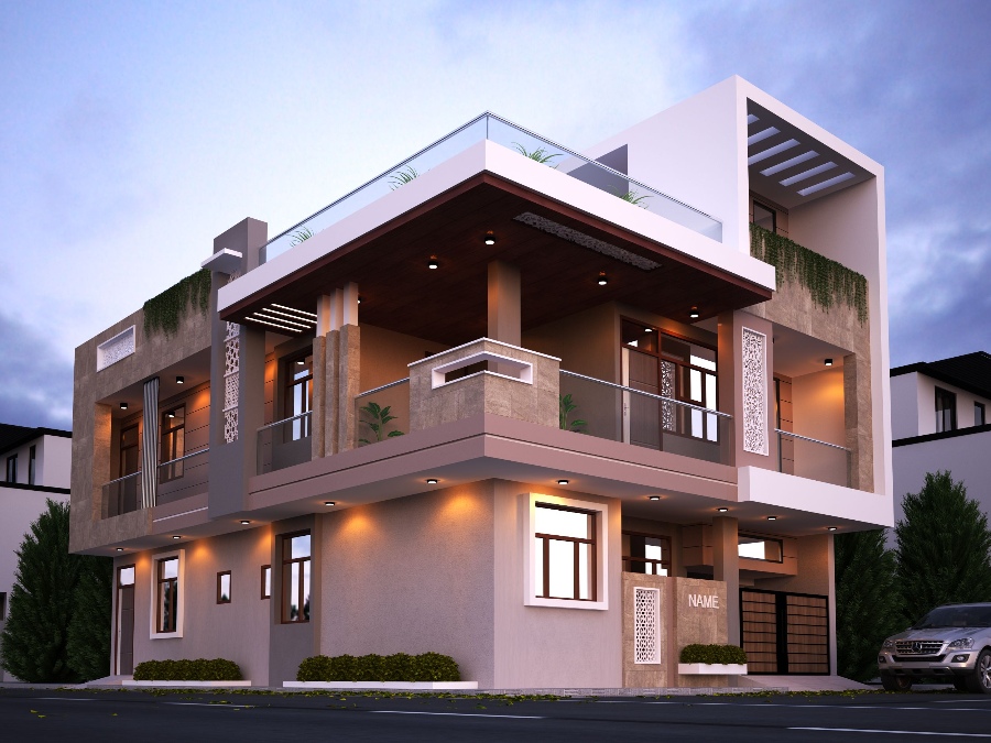 villa styled double floor house front elevation designs