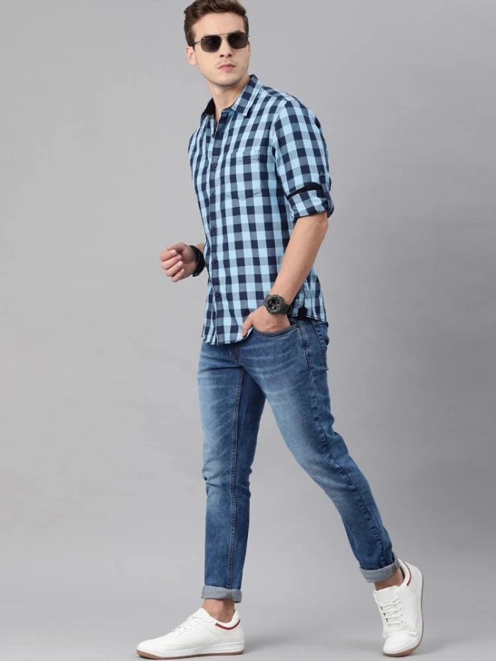 Blue Jeans With White And Blue Check Shirt