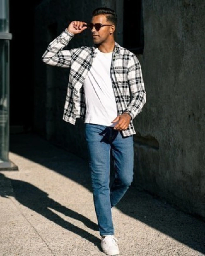  Navy Blue Jeans With Chequered Flannel Shirt