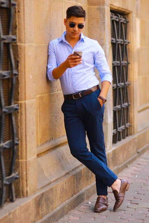 Navy Blue Pant With A Light Blue Shirt